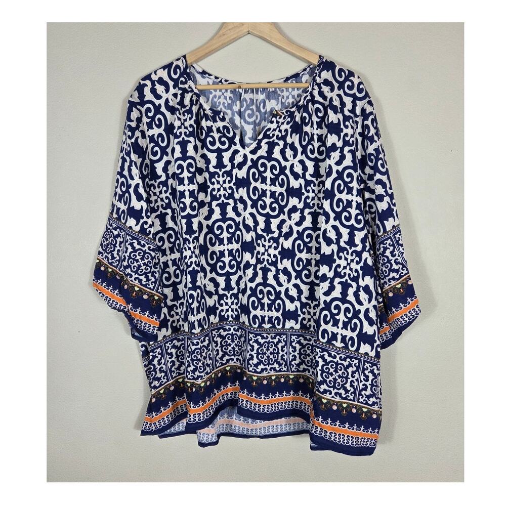 Lomon Woman's Blue White & Orange Boho 3/4 Sleeve Tunic Top 3XL